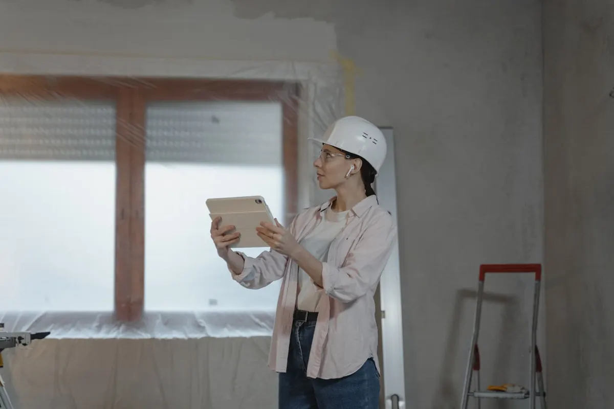 House painter using a tablet on a job site to review customer questions